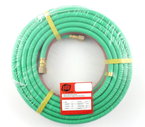 Coiled red and green Grade T twin welding hose in package
