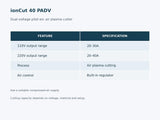 ionCut 40 PADV output ranges at 110V and 220V, pilot-arc process and built-in air regulator