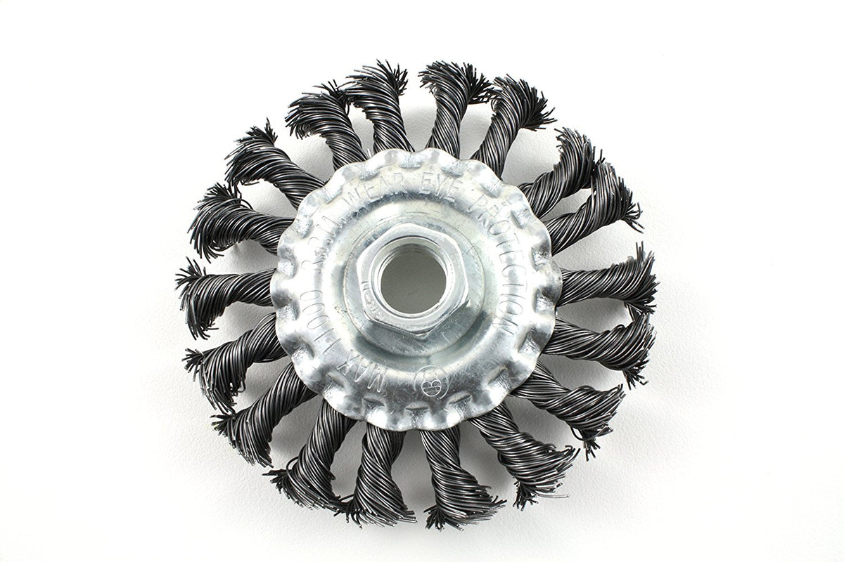 4-inch knotted wire wheel brush with threaded mounting nut