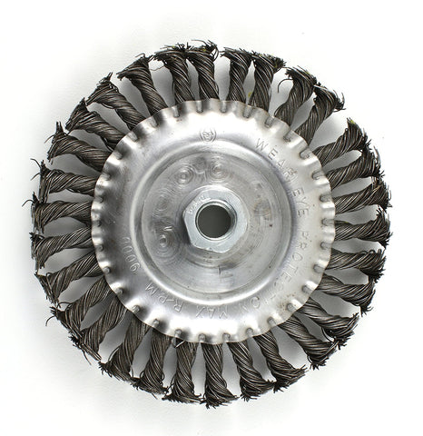 6-inch knotted wire wheel brush with threaded mounting nut