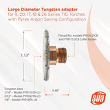 Large-diameter tungsten adapter dimensions and torch fitment