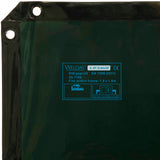 Dark green welding curtain corner with grommets and label