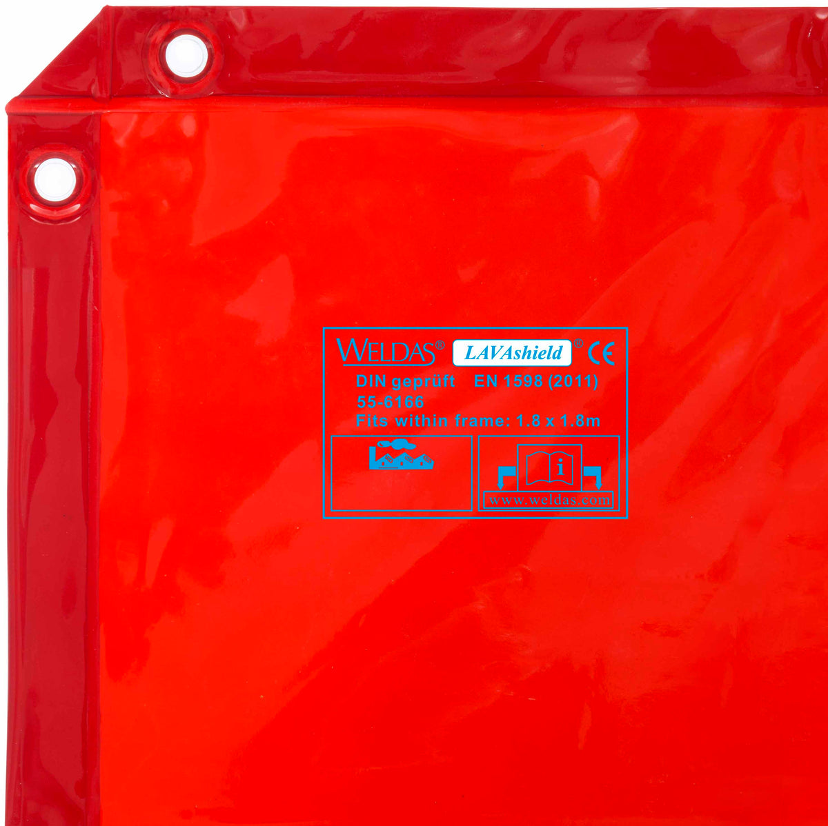 Orange welding curtain corner with grommets and label