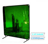 Green welding curtain mounted on freestanding black frame