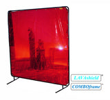 Orange welding curtain mounted on freestanding black frame