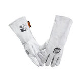 Pair of gray split-leather welding gloves with long cuffs