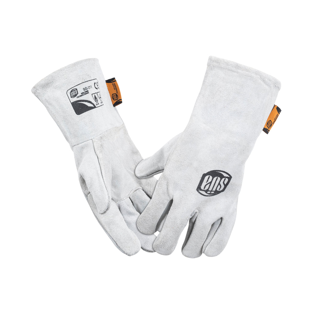 Pair of gray split-leather welding gloves with shorter cuffs