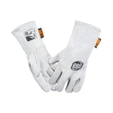 Pair of gray split-leather welding gloves with shorter cuffs
