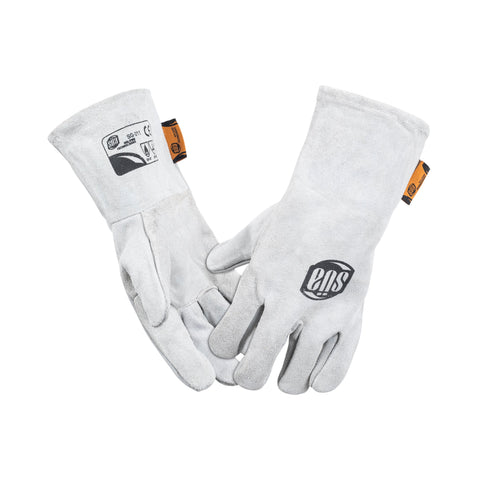 Pair of gray split-leather welding gloves with shorter cuffs