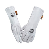 Pair of gray split-leather welding gloves with extended cuffs