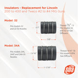 Model 32 and 34A MIG nozzle insulator dimensions and compatibility