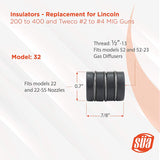 Model 32 MIG nozzle insulator dimensions and compatibility diagram