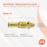 Model 52 MIG gas diffuser dimensions and thread diagram