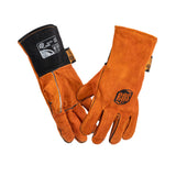 Orange split-leather welding gloves, palm and back views