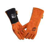 Orange split-leather welding gloves with extended cuffs