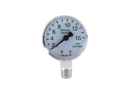 Oxygen 0–15 LPM flow-indicating gauge with bottom mount