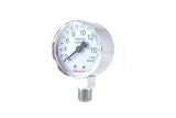 Oxygen flow-indicating gauge with chrome case visible