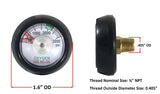 Oxygen gauge 1.6-inch dial and 1/8-inch NPT back connection dimensions