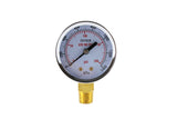 Oxygen regulator low-pressure gauge, front view, brass bottom mount