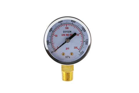 Oxygen regulator low-pressure gauge, front view, brass bottom mount