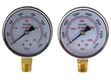 Oxygen regulator high- and low-pressure gauge pair, close-up, brass bottom mount
