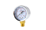Oxygen regulator low-pressure gauge, angled view, brass bottom mount