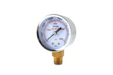 Oxygen regulator high-pressure gauge, angled view, brass bottom mount