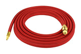 Close view of brass connectors on a coiled red TIG power cable