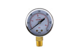 Propane regulator low-pressure gauge, front view, brass bottom mount