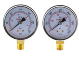 Propane regulator high- and low-pressure gauge pair, close-up, brass bottom mount