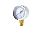 Propane regulator low-pressure gauge, angled view, brass bottom mount
