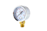 Propane regulator high-pressure gauge, angled view, brass bottom mount