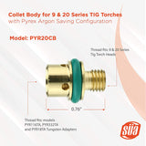 PYR20CB collet body for 9 and 20 TIG torches, dimension drawing