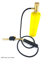 Hose-connected hand torch shown with optional yellow fuel cylinder