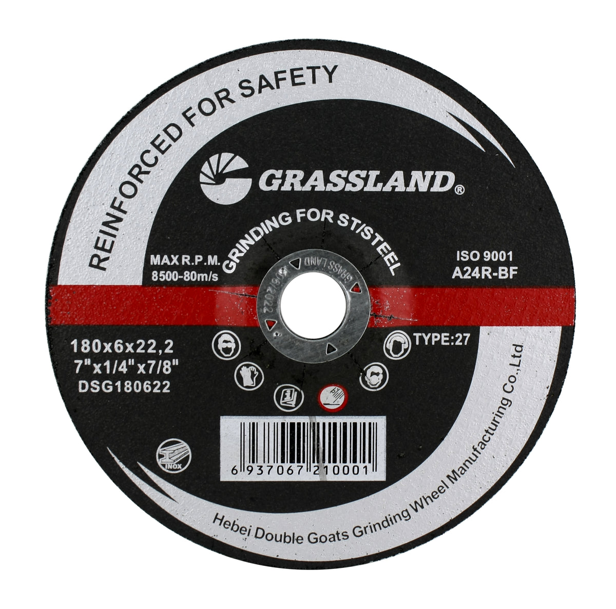 Seven-inch grinding wheel with stainless-steel label