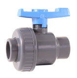 Gray single-union PVC ball valve with blue lever