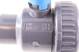 PVC ball valve body markings and threaded union close-up