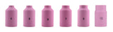Six assorted regular 54N-series pink ceramic TIG gas-lens cups