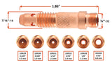 Standard 17/18/26 TIG collet-body dimensions and tungsten-size chart