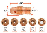 13N25–13N29 standard TIG collet-body dimensions and tungsten diameter chart