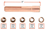 One-inch 13N20–13N24 TIG collet dimensions and tungsten diameter chart