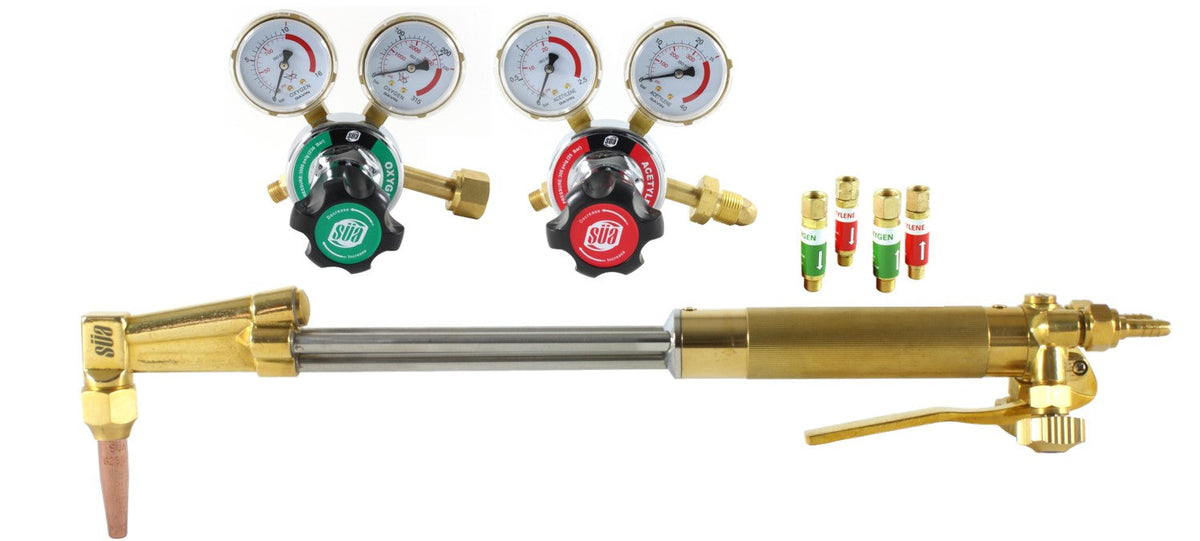 Straight acetylene cutting torch kit with regulators and arrestors