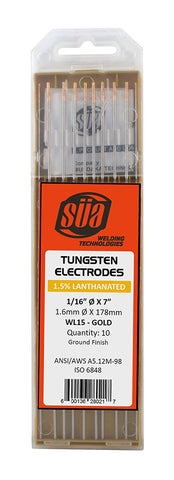 SÜA gold-tip 1.5% lanthanated tungsten electrodes in case