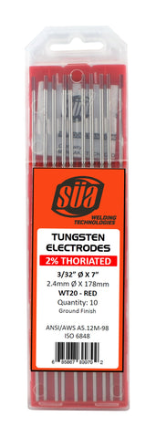 SÜA red-tip 2% thoriated tungsten electrodes in labeled case