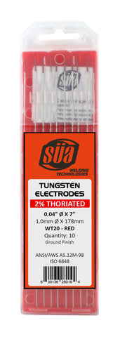 SÜA red-tip thoriated tungsten electrodes in labeled retail pack