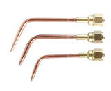 Three W-series copper welding tips with brass mixers