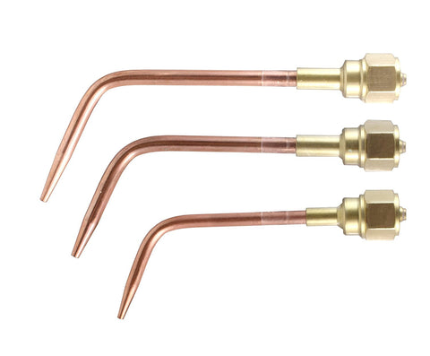Three W-series copper welding tips with brass mixers