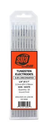 SÜA white-tip 0.8% zirconiated tungsten electrodes in case