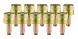 Ten large brass gas-lens collet bodies with long copper stems