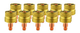 Ten large brass gas-lens collet bodies with short copper stems